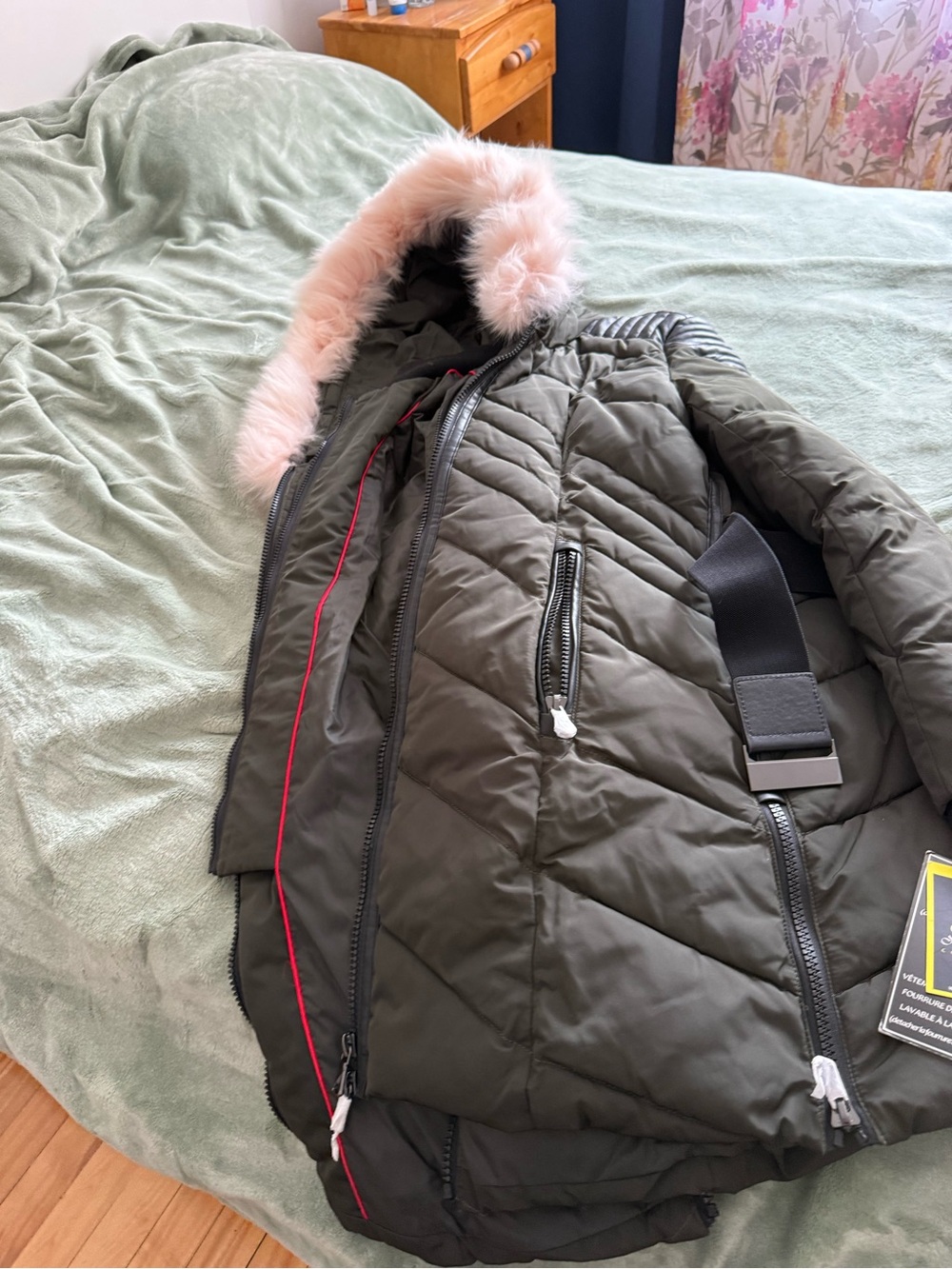 Women's Olive Green Puffer Coat with Pink Faux-Fur Trim
